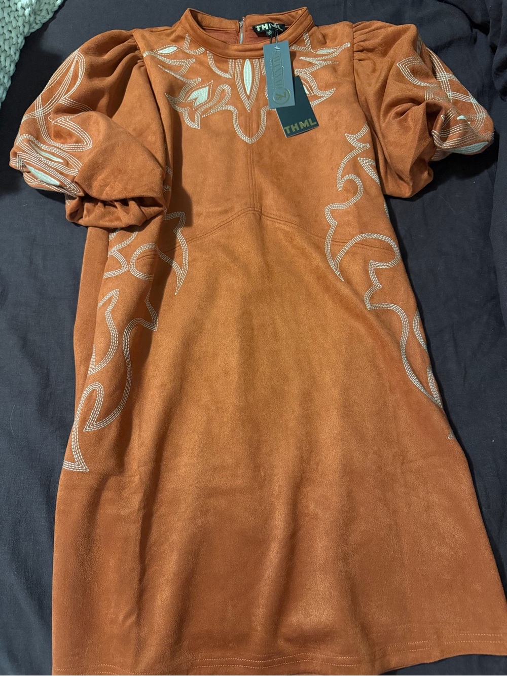 THML Rust Suede-Look Mini Dress with Embroidered Accents